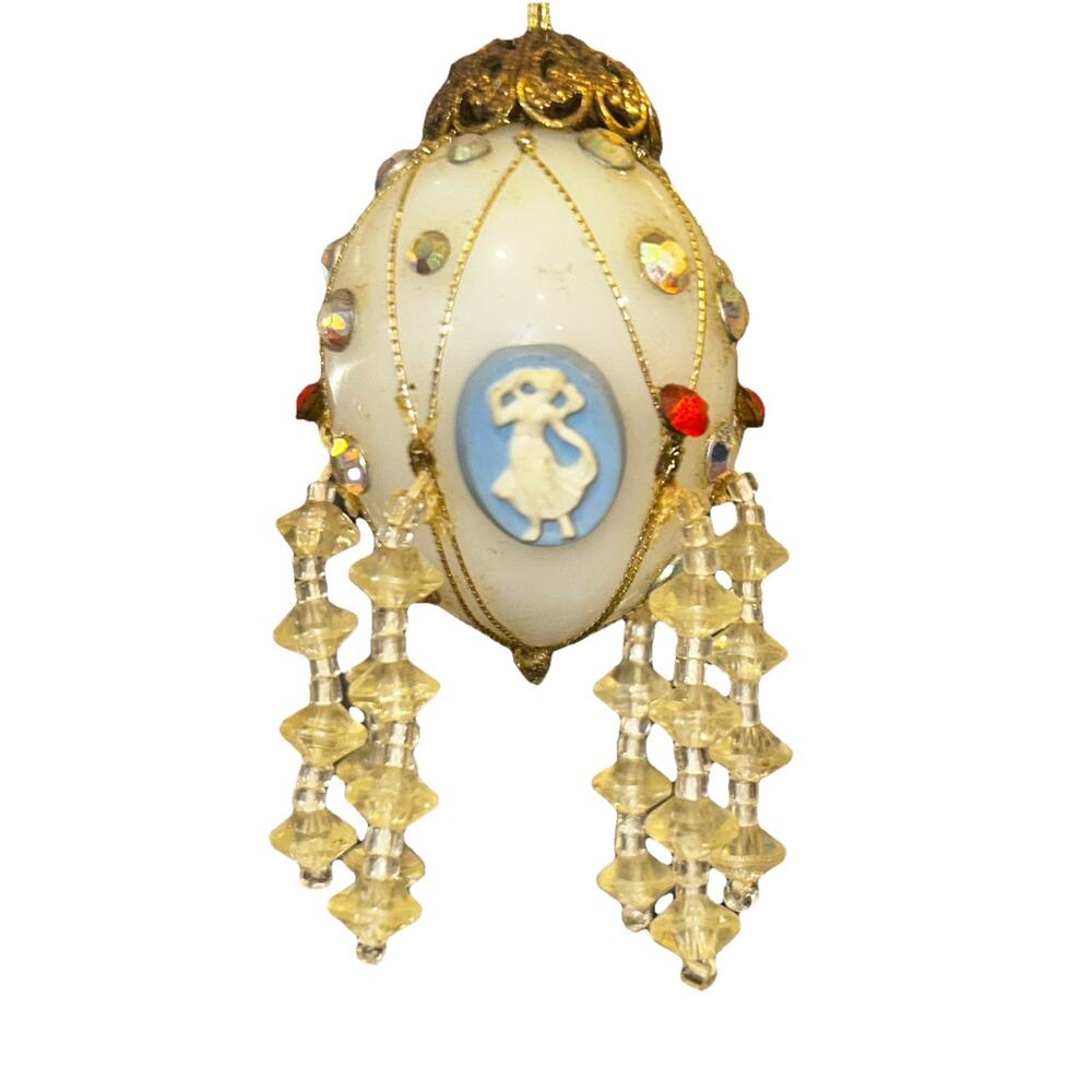 Vtg Jeweled and Beaded Egg Ornament Ornate Small 2.5" Cameo